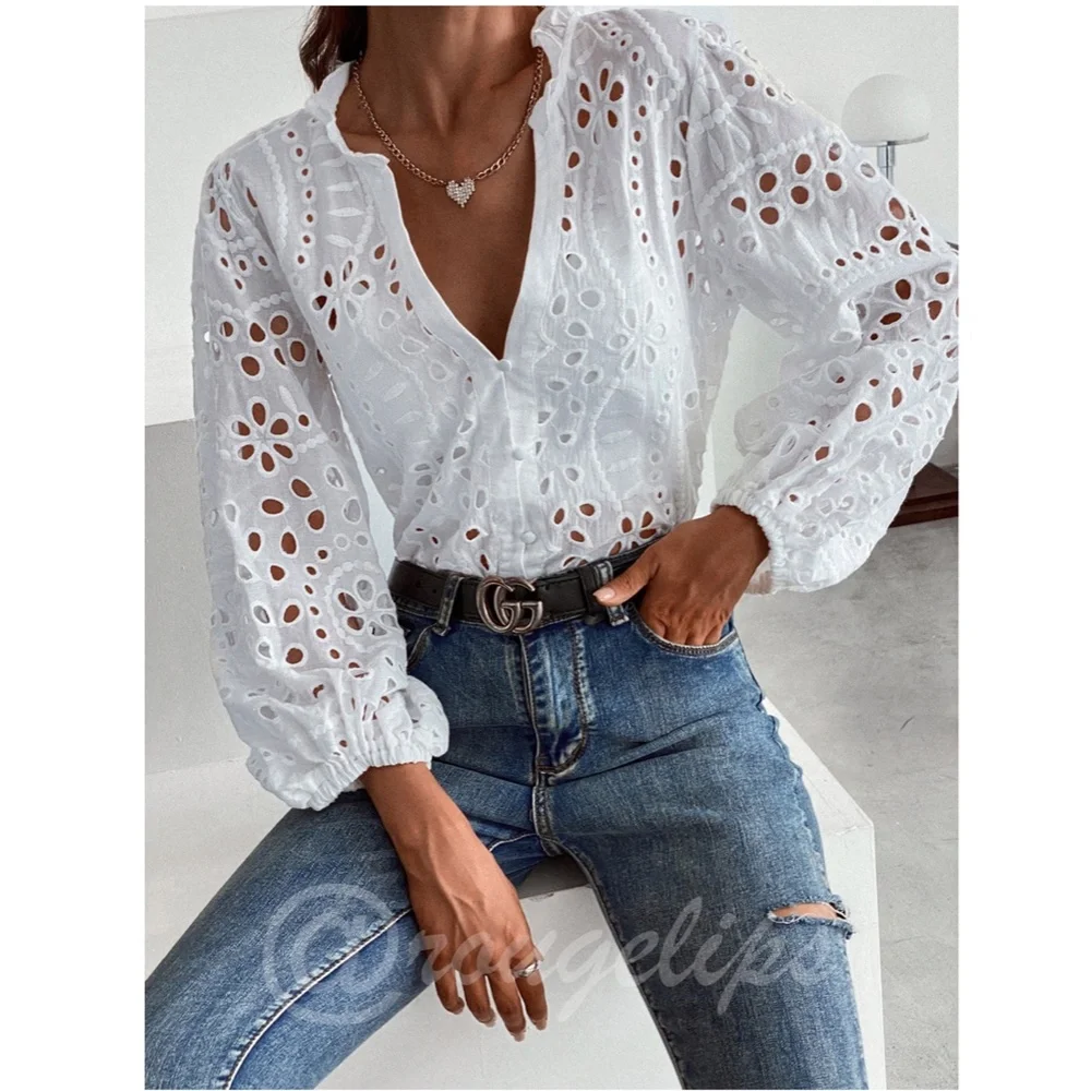 White Boho Eyelet Button Down Shirt - Picture 1 of 8